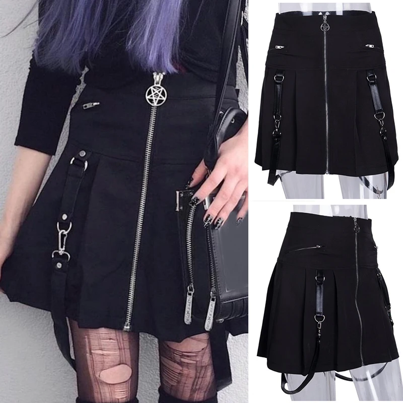 

Kili European and American Dark Women's Punk College Style Pure Color Short Skirt A-Line Skirt Skirt Black
