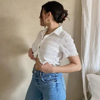 new summer short sleeve womens shirt fashion solid color lapel folds top ladies casual slim small fresh single breasted t shirt
