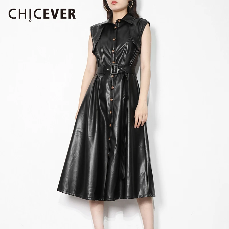 

CHICEVER Черное длинное платье из искусственной кожи для женщин, с отворотом, без рукавов, с высокой талией, с поясом, темпераментные повседневн...