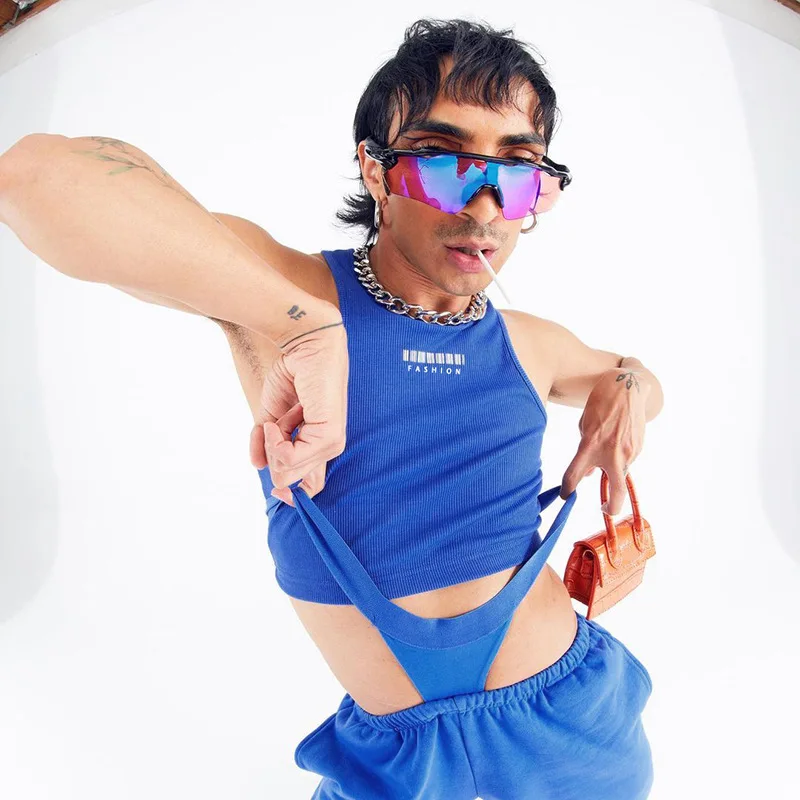 

2021 Blue Pant Sets Sleeveless Vest Cropped Top Hollow Briefs Design Elastic Harem Pants Leisure High Street Sportwear 2 Pieces