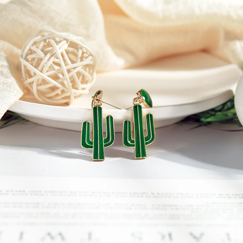 Простой дизайн зеленый цвет эмаль кактус серьги для женщин Богемия Этнические