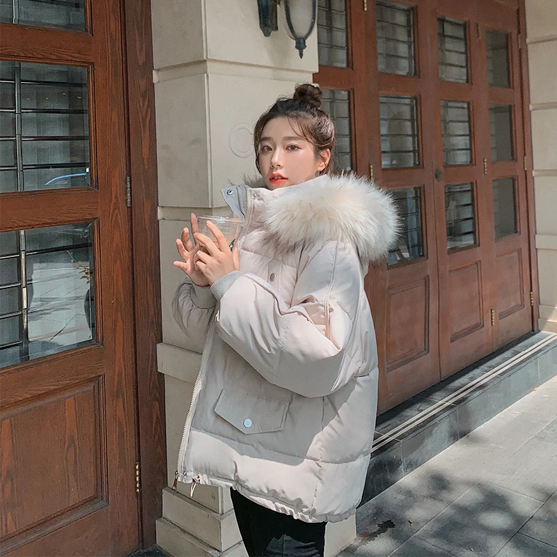 

HXJJP 2021 New Winer Fur Collar Down Cotton Coat Women's Korean Long Sleeve Loose Hooded Thick Parkas Warm Puffer Jacket