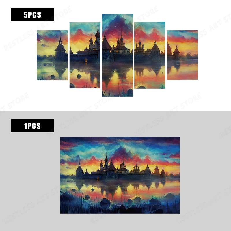 Фон с изображением замка озера облаков красочный город Фантастическое искусство