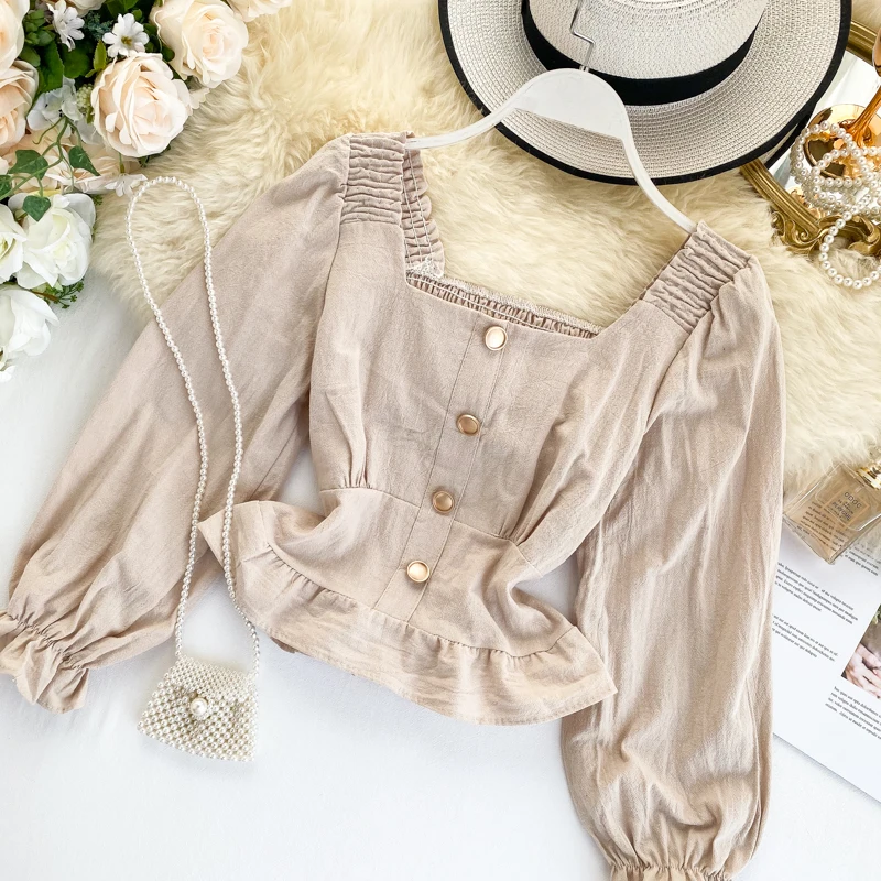 Женская рубашка с квадратным воротником осенняя блузка эластичным поясом в