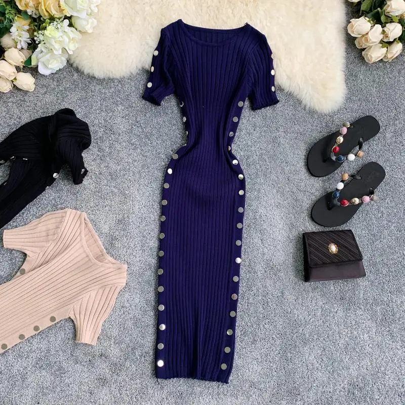 

Летнее облегающее платье женское модное платье с коротким рукавом, с заклепками, Ретро стиль, платья-свитера женские модные трикотажные мин...