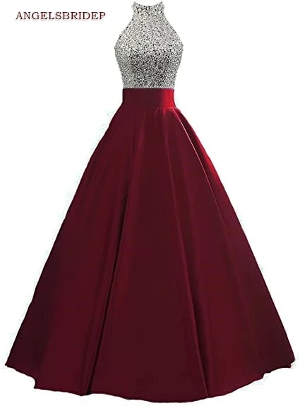 

ANGELSBRIDEP High-Neck Evening Dresses Vestidos de festa Formal Sequin Bodice Floor-Length Abendkleider Formal Prom Party Gowns