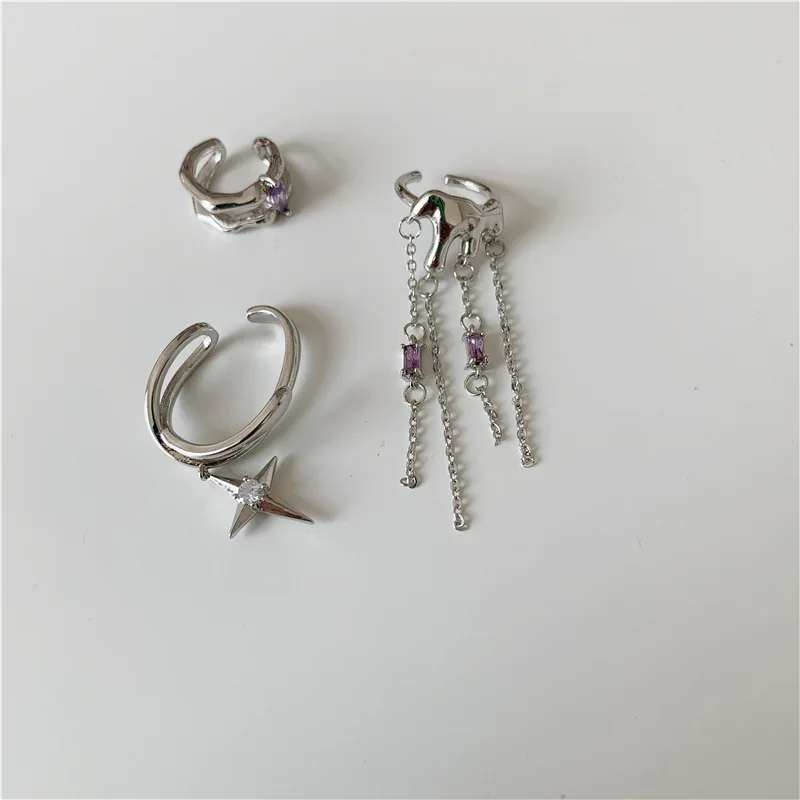 

Origin Summer Double Layer Irregular Metal Long Tassel Clip Earring for Women Girls Charming Purple Rhinestone Earring Jewelry