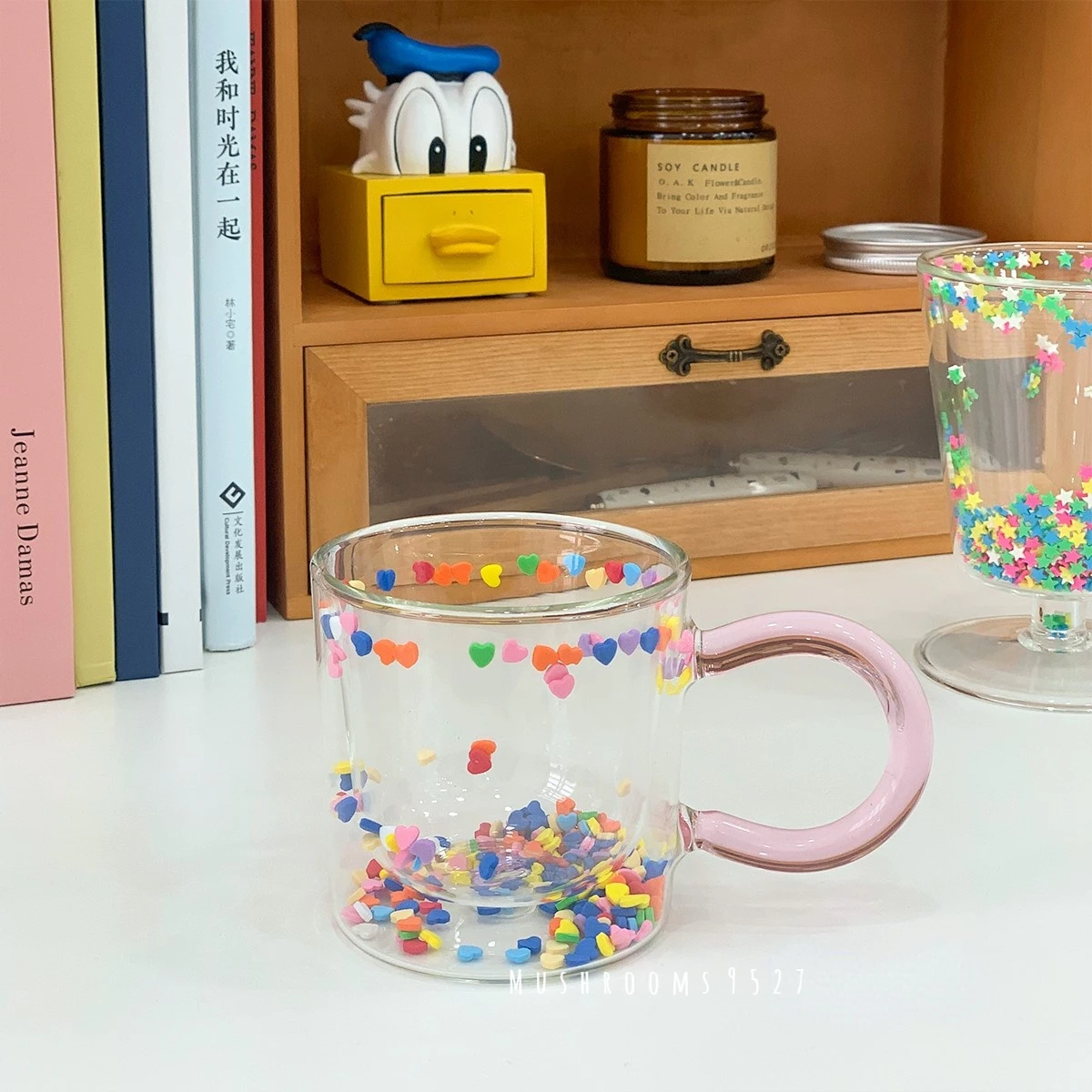 

Korean style double layer love quicksand glass cute pink handle girl heart creative water cup transparent juice coffee
