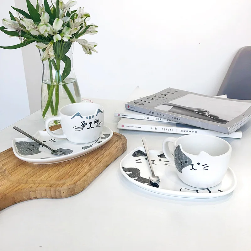 Кофейная чашка и блюдце в форме кота 3D набор с ложкой милое блюдо котенком для