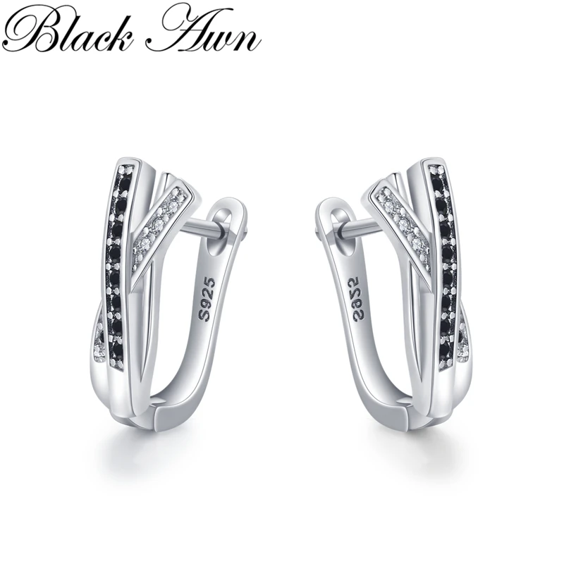 

Black Awn Hoop Earrings for Women Classic Silver Color Trendy Spinel Engagement Fashion Jewelry I206