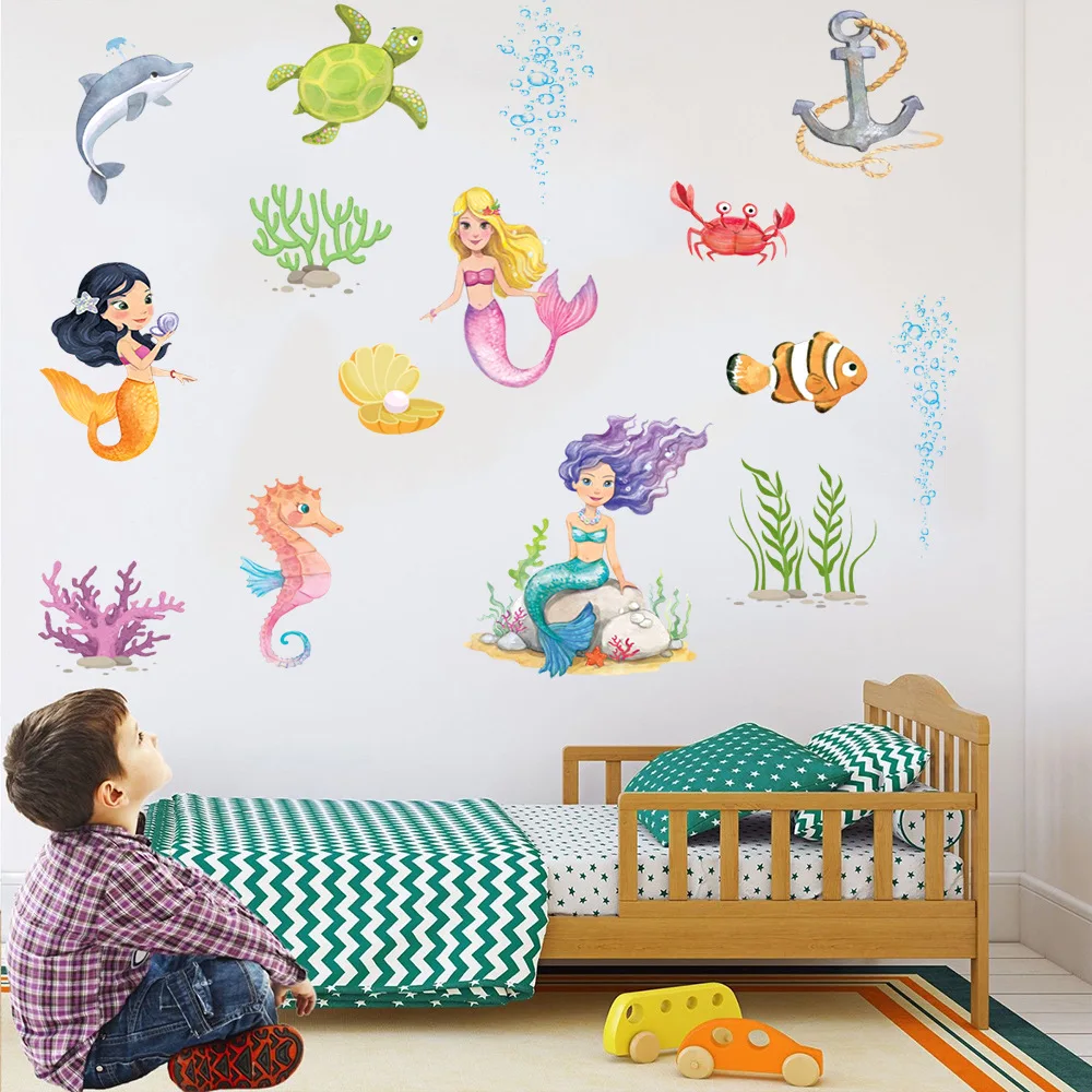 Underwater World Mermaid Coral Mural Living Room Bedroom Children's Decoration Painting wall stickers for kids rooms | Дом и сад