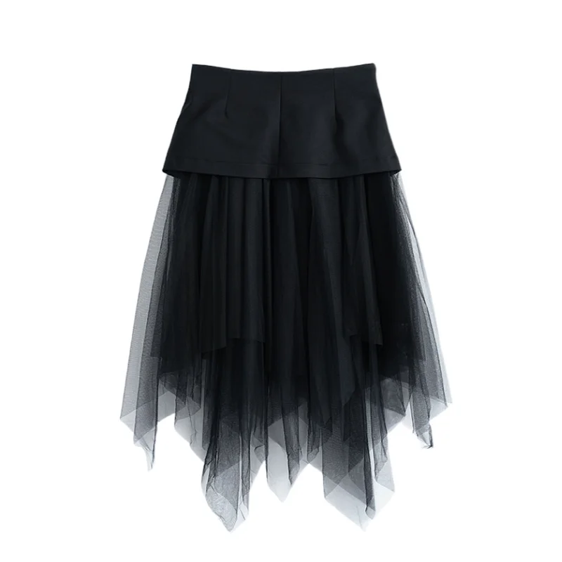 

Summer Fashion Patchwork Gauze Skirts Women Temperament High Waist Faldas Mujer Moda Chic Asymmetrical Design Female Jupe