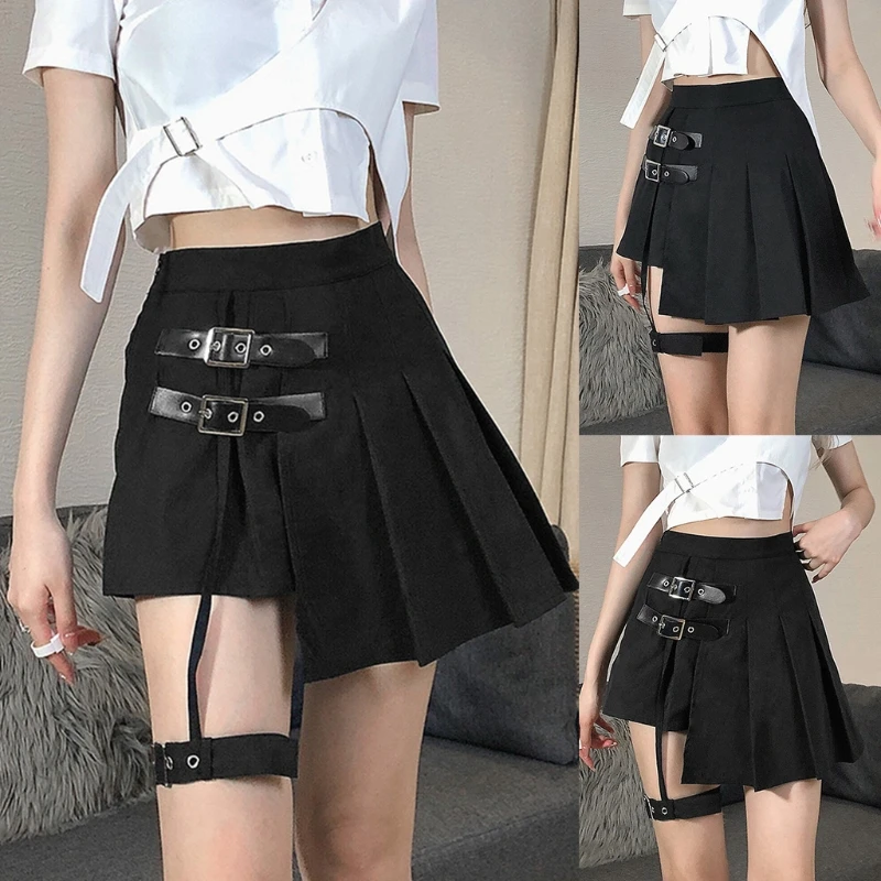 Женская плиссированная мини юбка с высокой талией готическая Черная подвязками