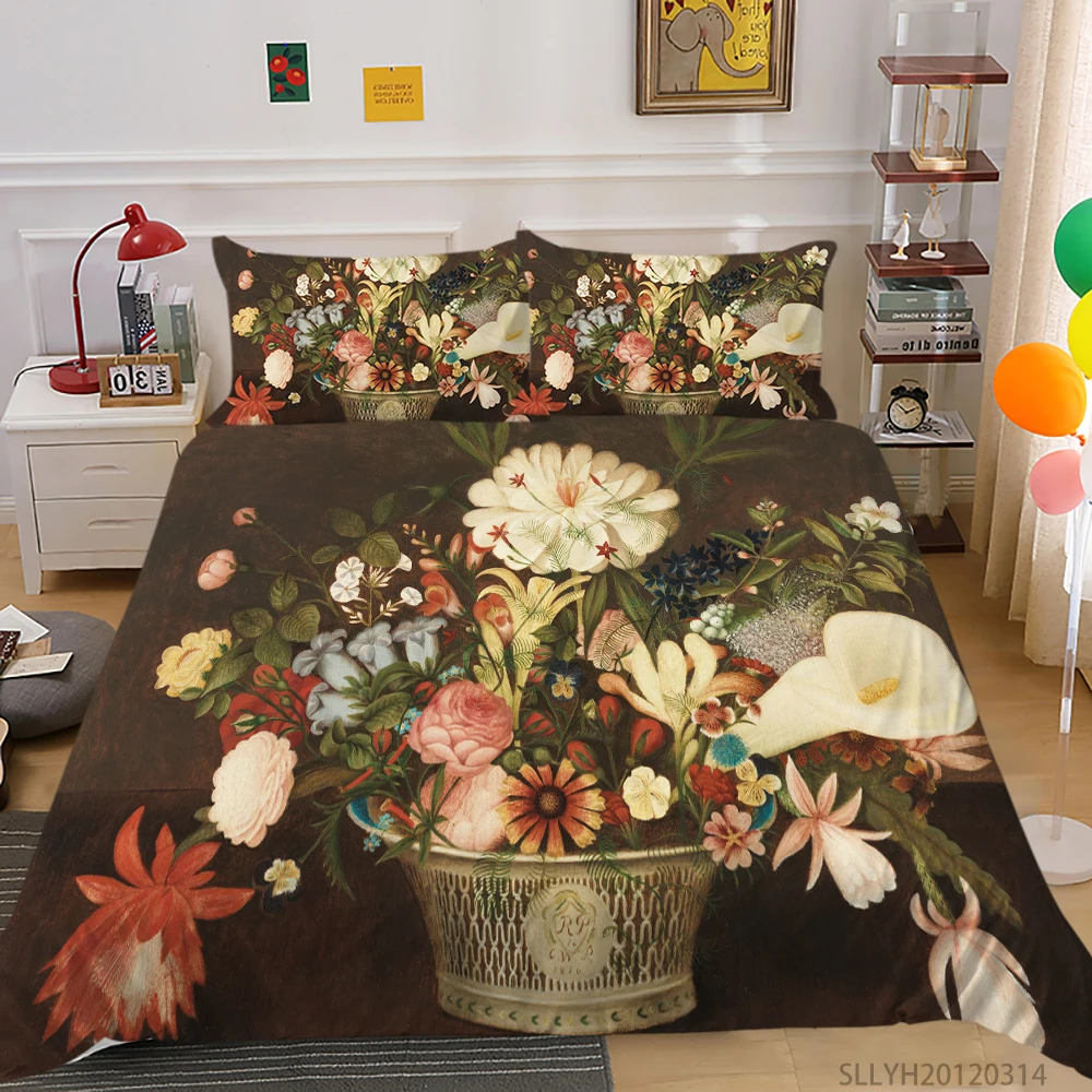 

Home Textile 3D Bedding Set Queen Size Quilt Cover Set Oil Painting Print 3D Flowers Polyester Bedclothes 2/3 Pcs Dropship