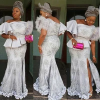 aso ebi style prom dresses white mermaid with ruffles appliques side slit one shoulder plus size formal evening long gowns