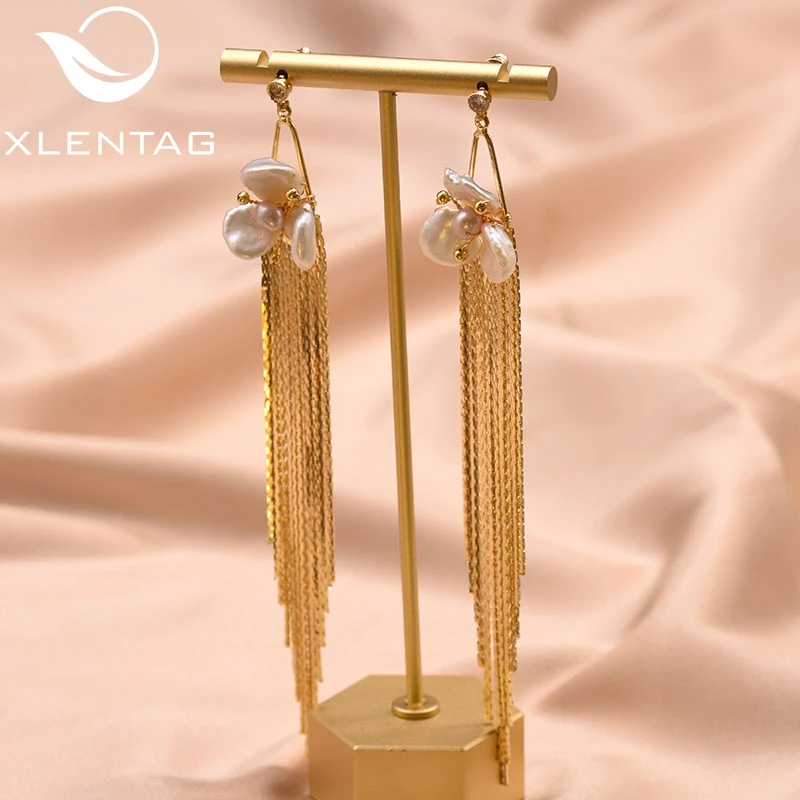 

Xlenag Pure Natural Freshwater Pearl Flower Shaped Long Tassel Drop Earrings Female Couple Engagement Birthday Jewelry GE0893