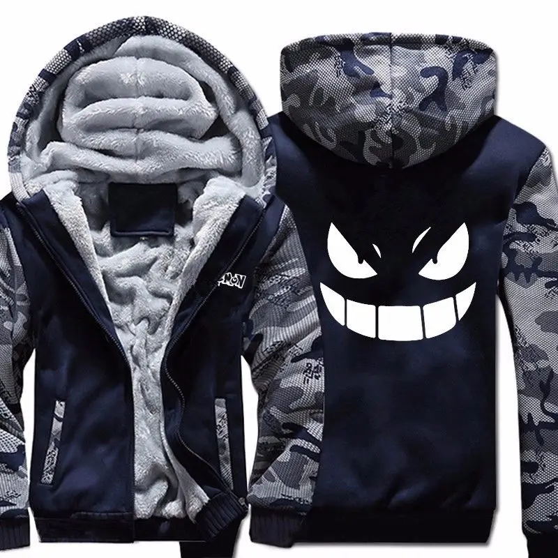 

2020 Men's Pocket Monster Gengar Hoodie Sweatshirt Winter Warm Zipper Hoodies Sweatshirts Hooded Camouflage Sleeve Coat Jacket
