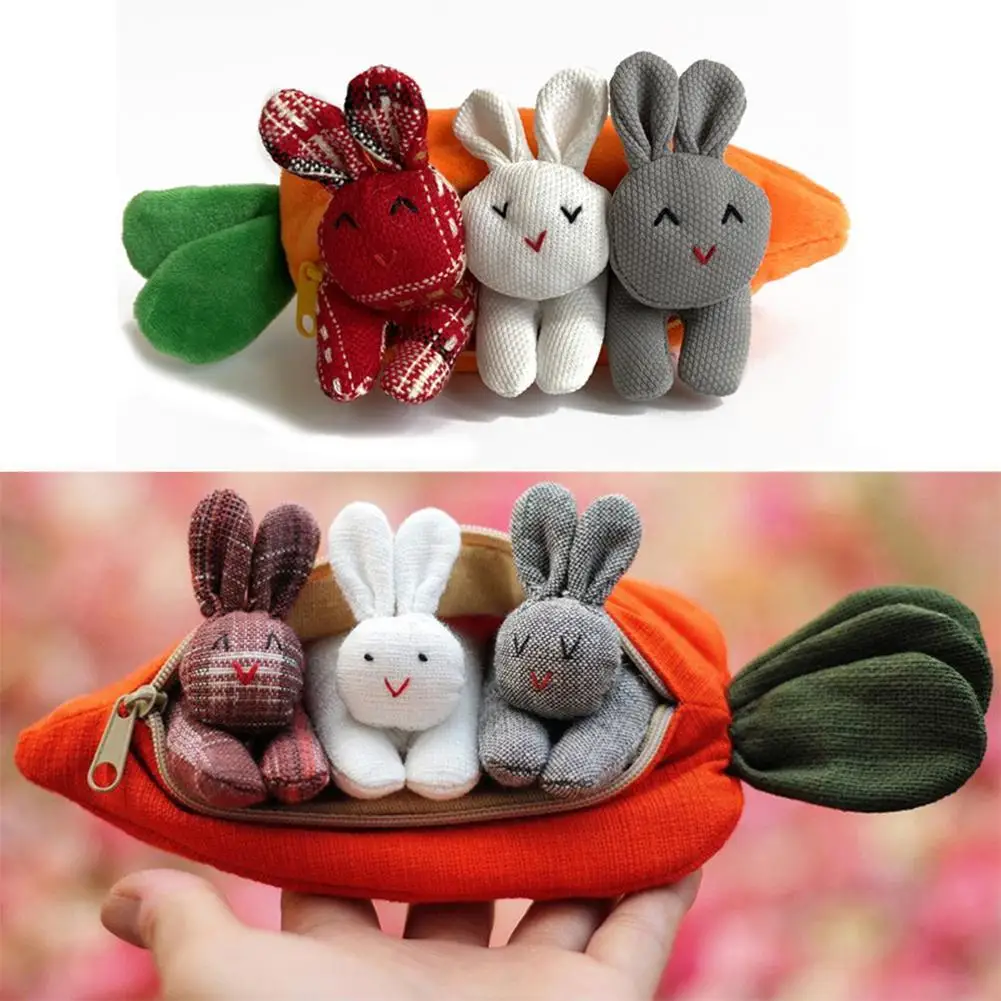 

3 Bunnies Carrot Cute Easter Bunny Unzip Gift Fun Purse Gift Kids Home Holidy Desktop Adorable Doll Toy Creative Decoration