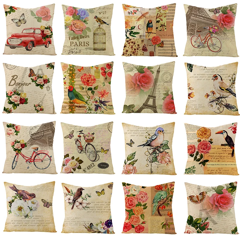 

Linen Pillow Cover Flower Bird Butterfly Print Softness Decorative Throw Pillow Cover Bedroom Fall Retro Home Decor 45*45cm/Pc