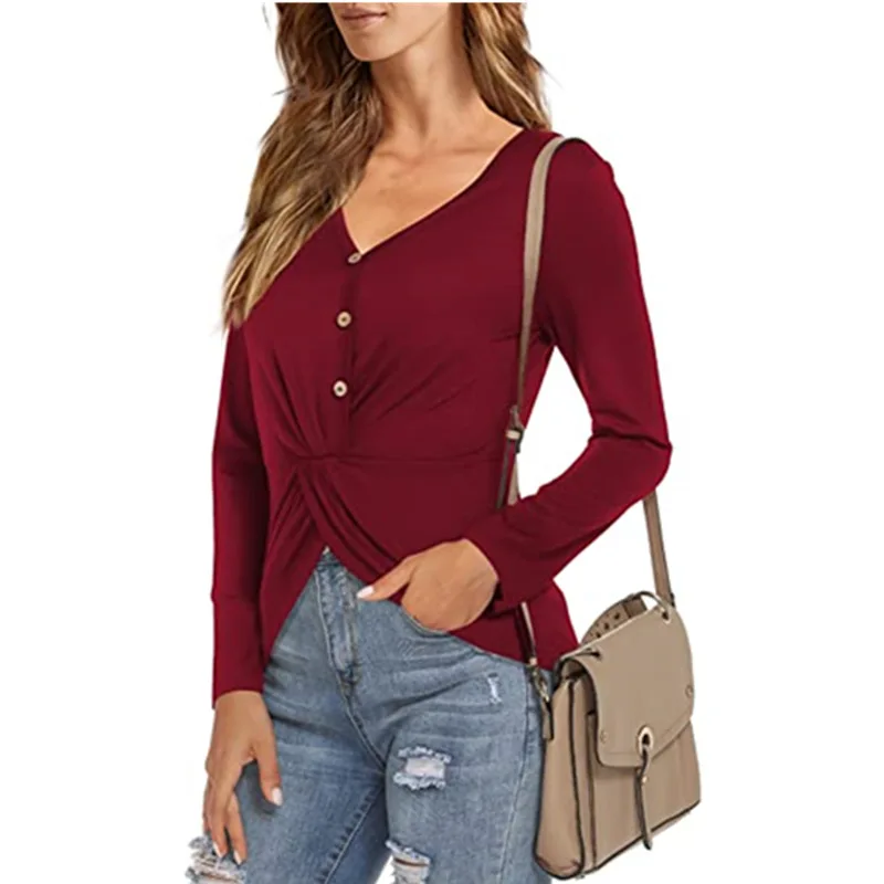 

Однотонная женская футболка пуговица для пуловера футболка с V-образным вырезом с коротким рукавом с длинным рукавом женская футболка Camiseta ...