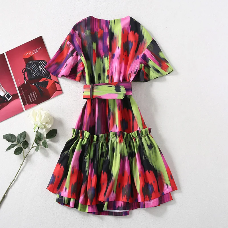 

VGH Hit Color Print Dress For Women O Neck Short Sleeve High Waist Sashes Slim Tie Dye Mini Dresses Female 2021 Fashion Clothing