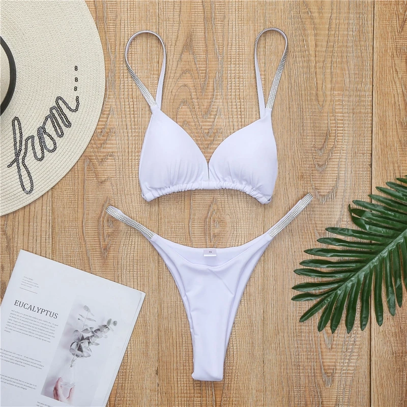 

New Sexy Solid Bikini Women Swimsuit Diamond Crystal Bikini Set Push Up Swimwear Female Low Waist Bathing Suits Beach Wear