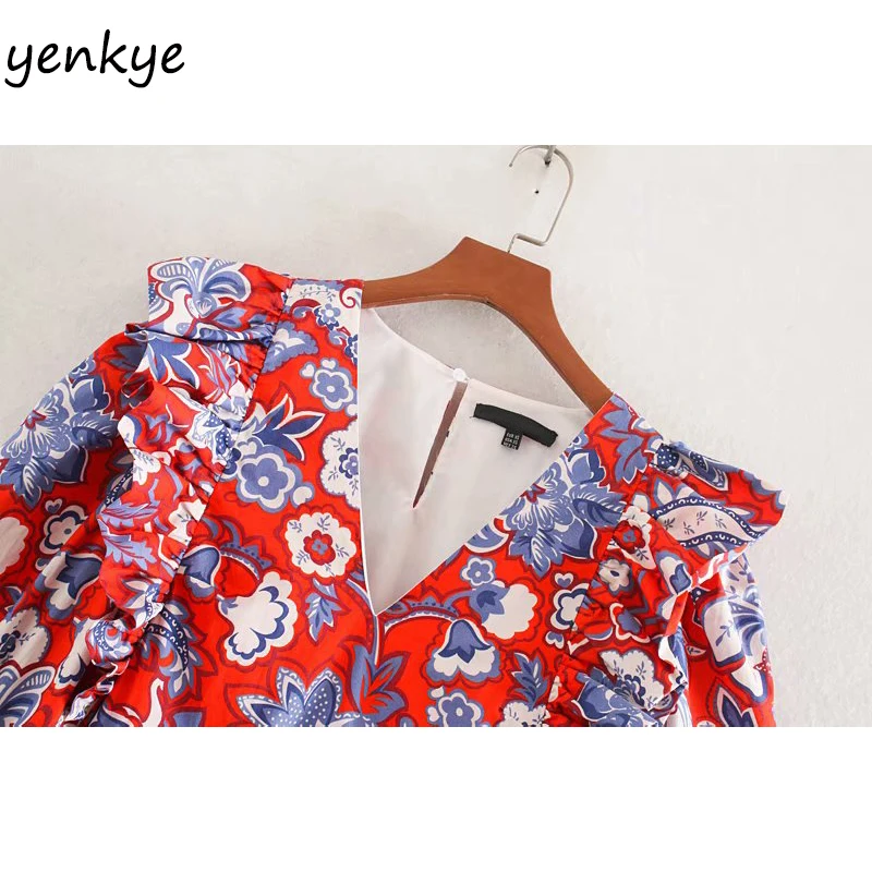 Женское винтажное мини платье с цветочным принтом V образным вырезом и рукавами