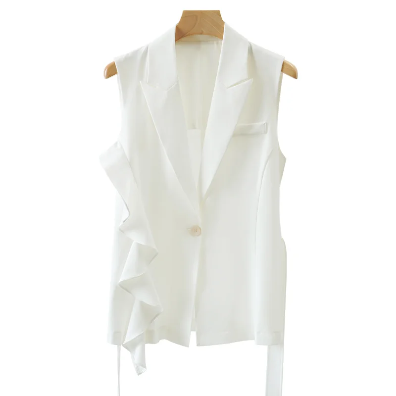 

Long Vest Women Spring Summer Black White Sleeveless Jacket Blazer Elegant Ruffle Waistcoat With Belt Veste Femme Ladies Tops