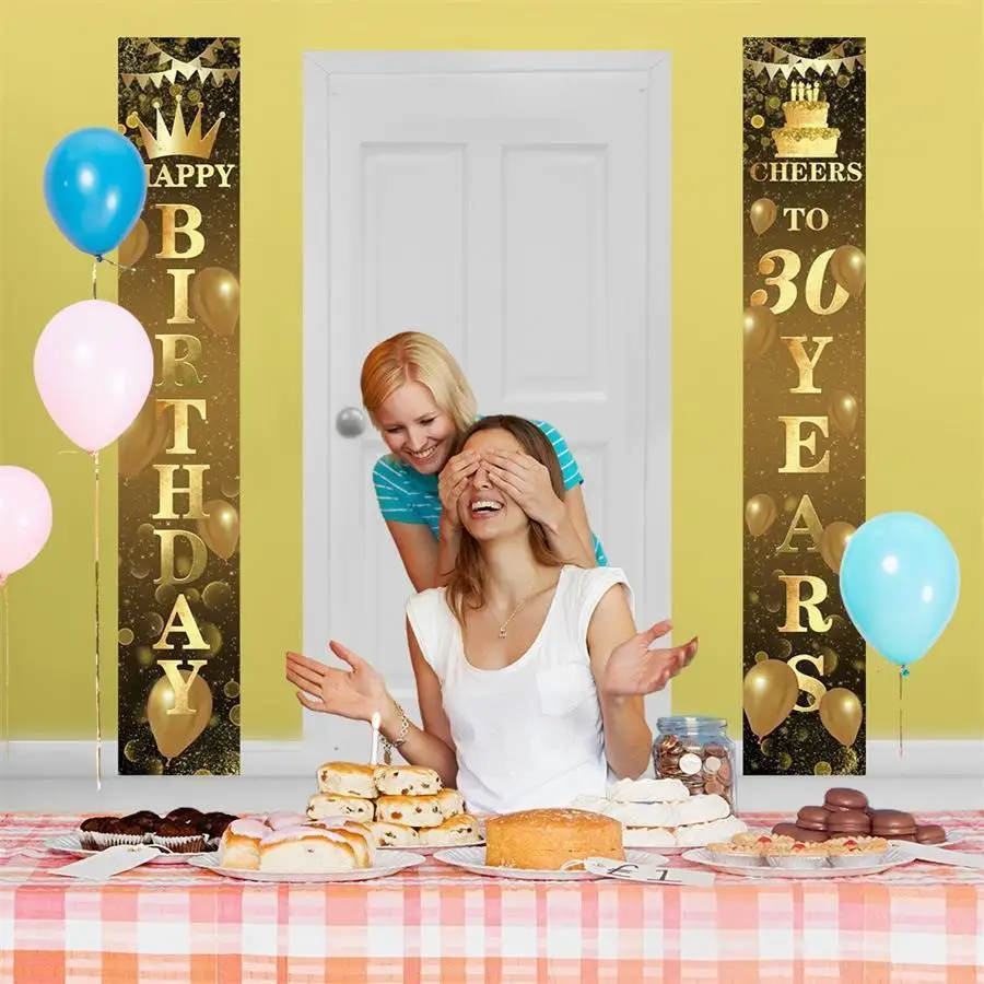

Golden Happy Birthday Flag Door Vinyl Backdrops Chinese Couplet Room Decor Adult Kids Birthday Party Banner Backgrounds Photo