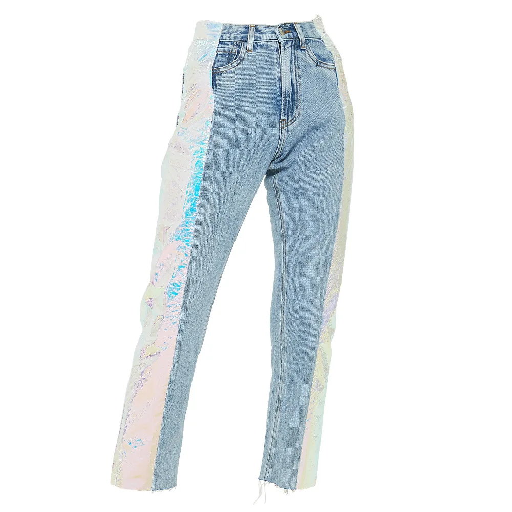 

21 spring new women's high waist jeans fashion loose BF style stitching luminous magic cloth nine-point jeans