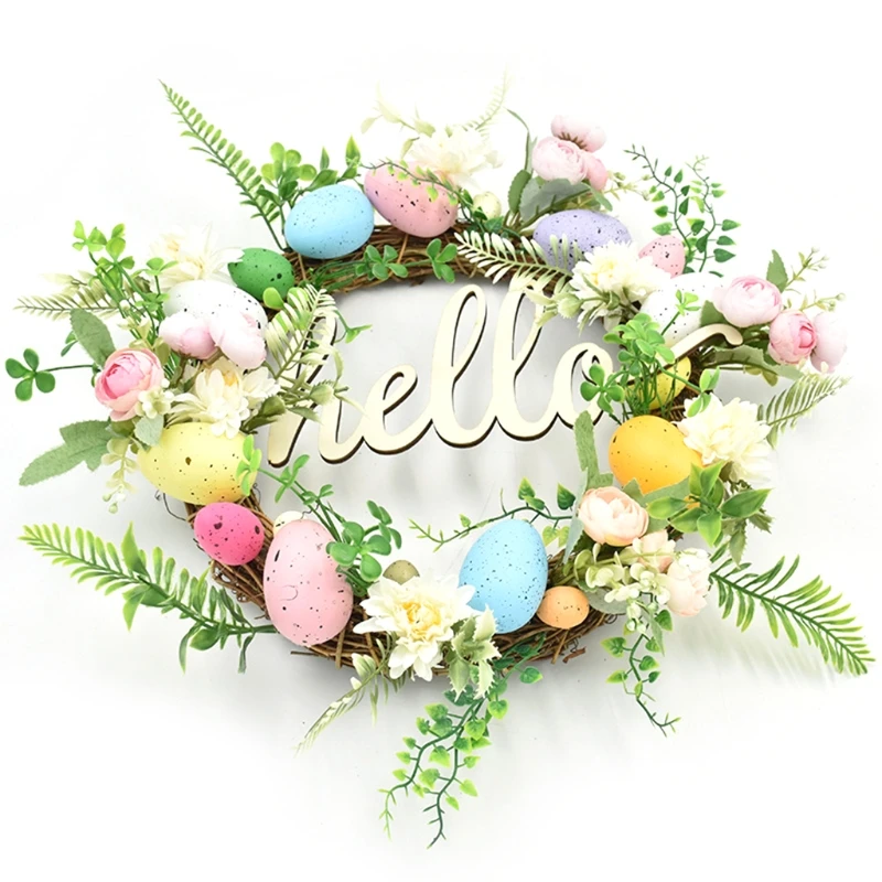 

Easter Garland Eggs Rattan Wreath Artificial Flower Door Hang Easter Decoration Q0KA