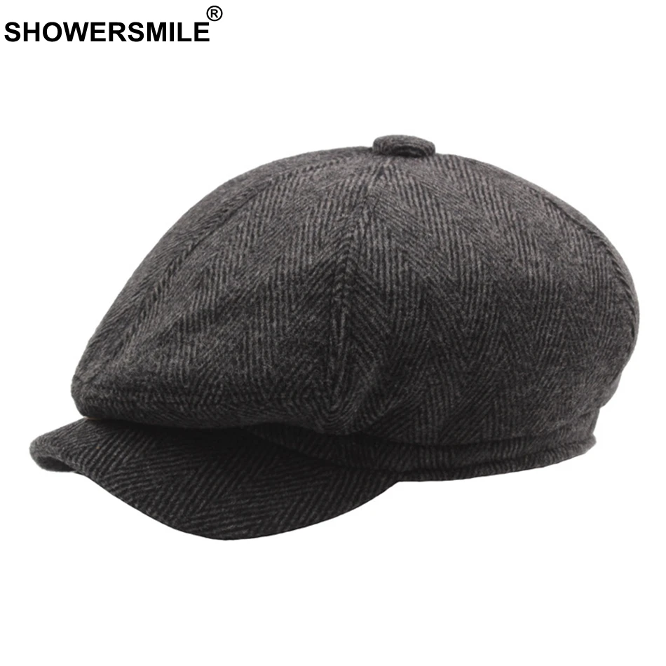 

SHOWERSMILE Octagonal Cap Berets Herringbone Flat Hats Men Striped Grey Eight Piece Caps Male Tweed Vintage Autumn Painter Cap