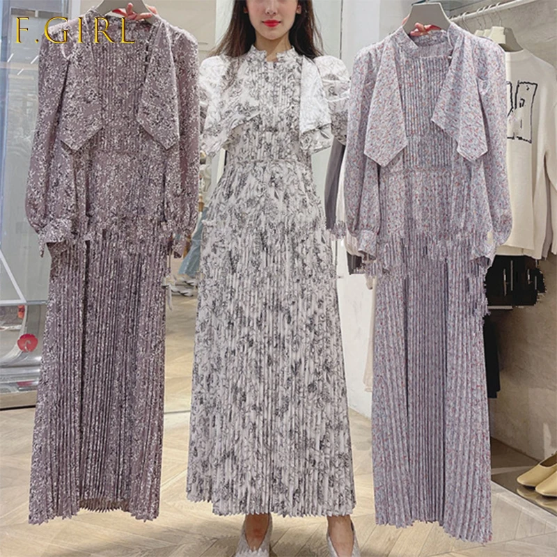 

2021 Fall Winter New Women Robes Vintage Temperament Vestidos Stand Collar Printed Pleated Lace Up Slim Waist Dresses