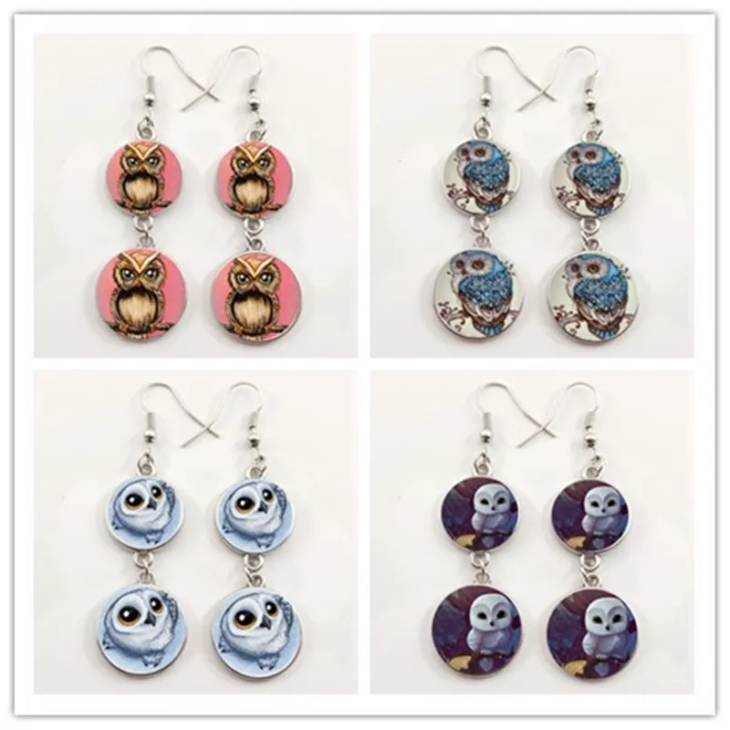 Винтажная милая сова искусство планшетов очаровательное стекло кабошон серьга Ms