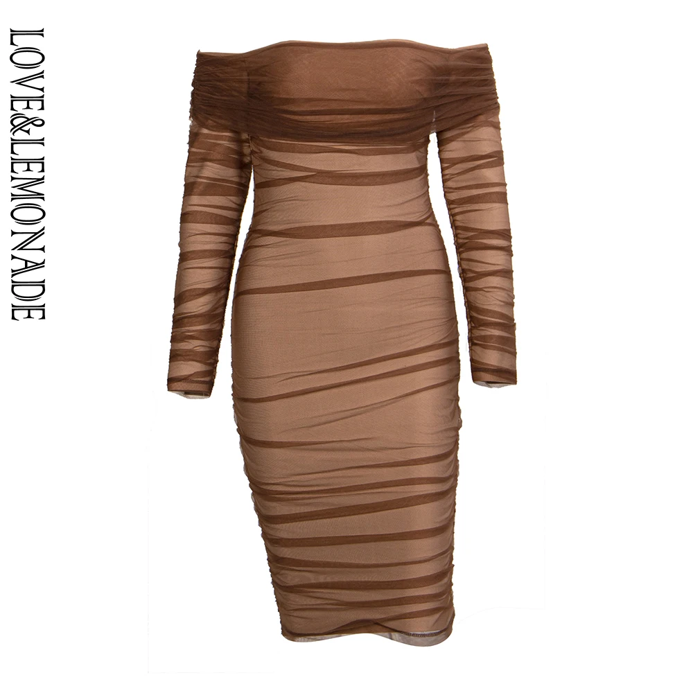 

LOVE&LEMONADE Dark Brown Sleeve Collar Long Sleeves Pleated Mesh Bandage Lined Bodycon Mini Dress LM90131