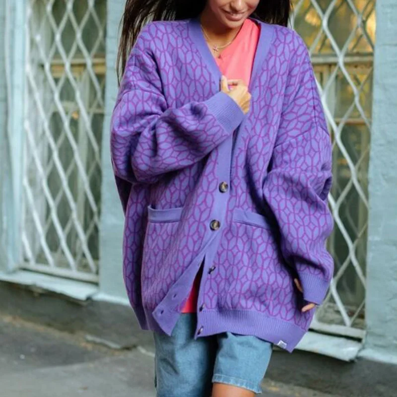 Women's Diamond Pattern Knit Cardigan Female Fashion V Neck Single Breasted Buttons Loose Casual Knitted Sweater 2021 Autumn |