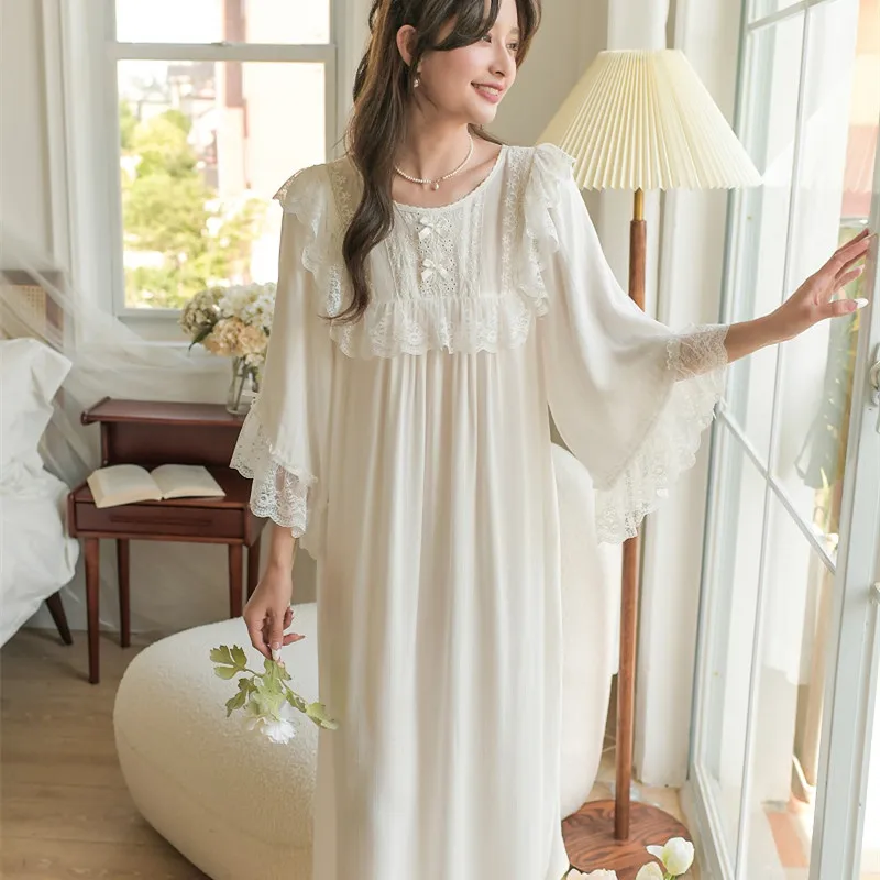 

Sweet Fashion White Lace Women's Long Nightgowns Summer Half Sleeve Soft Viscose Loose Female Sleepwear Plus Size