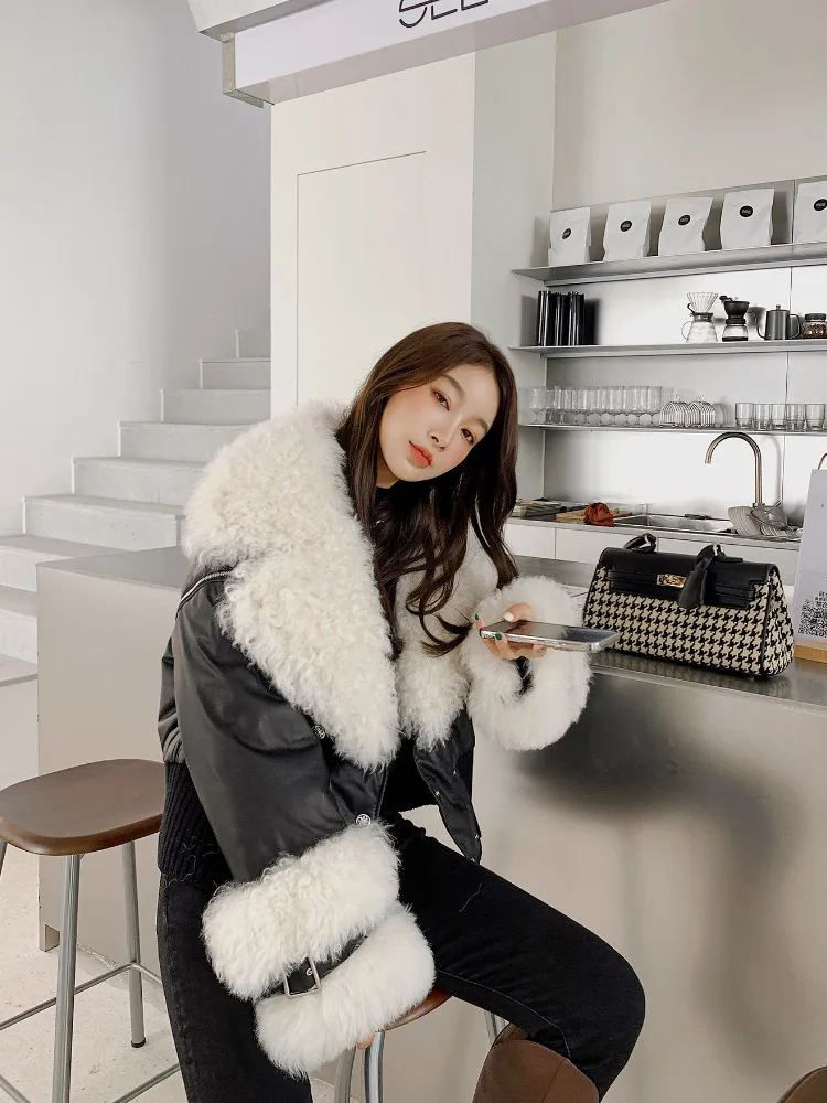 

Женское двухстороннее пуховое пальто, теплая верхняя одежда из натуральной овечьей шерсти с большим воротником, зима 2021