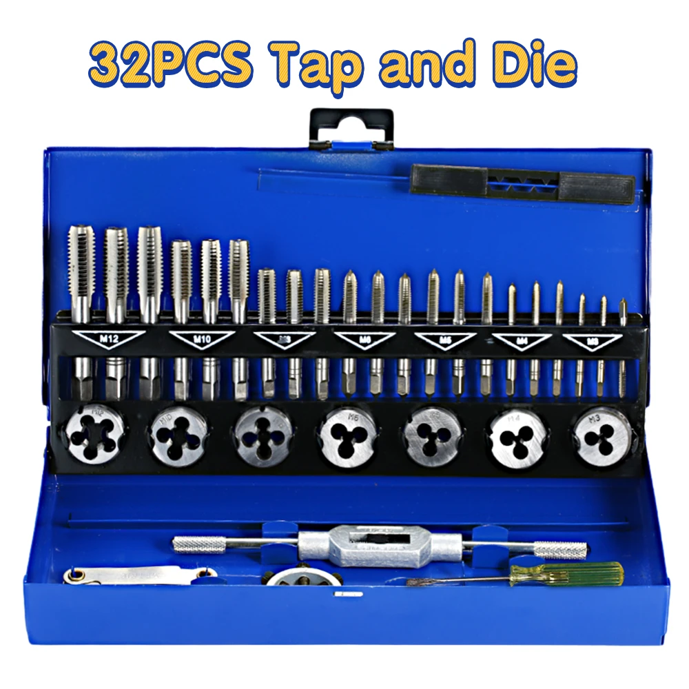 32 PCS /8PCS HSS Tap and Die Set Metric Wrench Cut M3-M12 Tap and Die Set Metric Threading Tool Set Engineer Kit with Metal Case