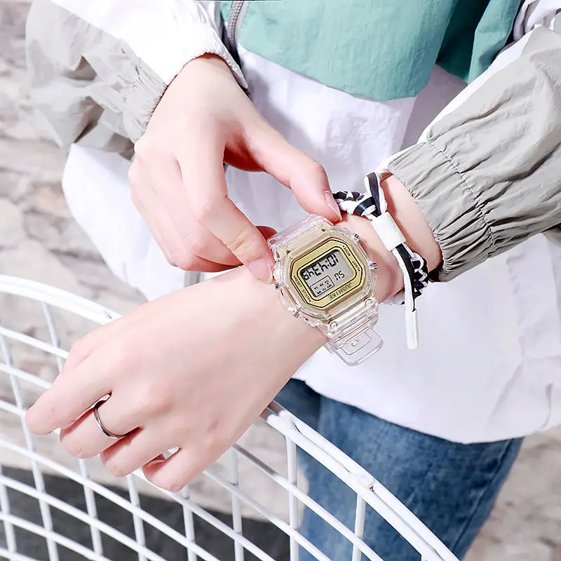 

Unicorn Ins Style Electronic Watch Female Student Korean Simple Waterproof Luminous Square Transparent Matcha Green Couple's