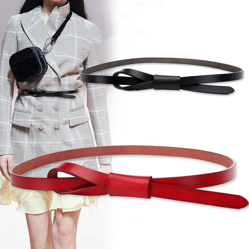 

Thin Real Leather Women Belt Korean Casual Ladies Knot Belts for Dresses Autumn Camel Self Tie Strap Accessories