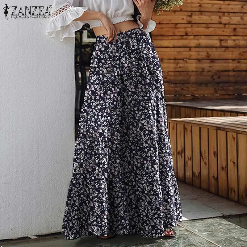 

Bohemian Floral Printed Trousers ZANZEA Summer Women Wide Leg Pants Casual Elastic Waist Long Flare Pantalon Loose Palazzo