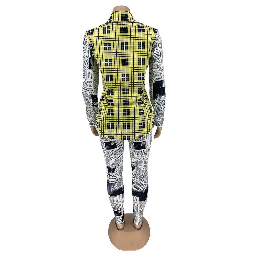 

Newspaper Letter Plaid Print Two Piece Tracksuit Women's Sets Turn Down Collar Long Sleeve Blouse and Pencil Long Pant Sweatsuit