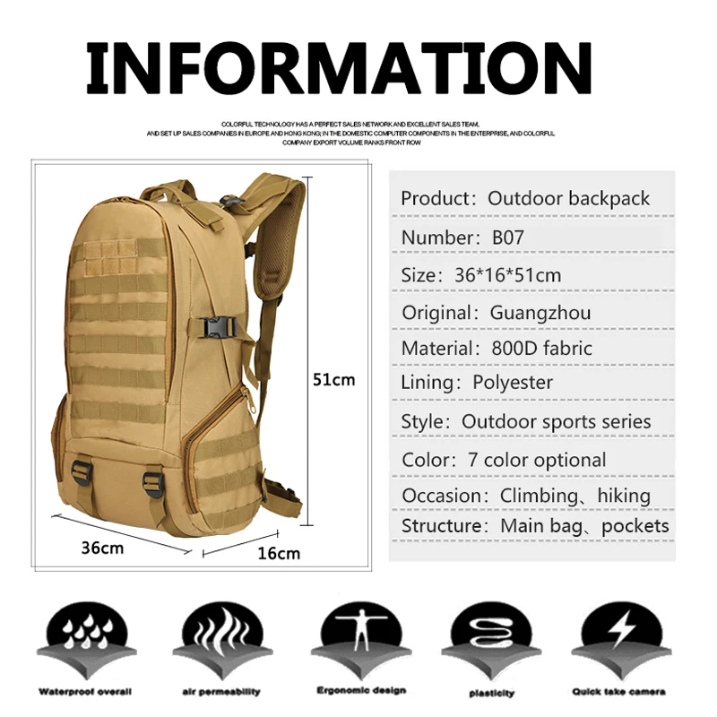 

Outdoor Climbing Bag Tactical Backpack 35l Molle System Professional Sports Package Hiking Travel Hunting Bagpack for Men Bags