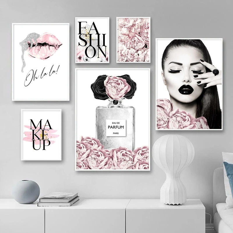 

DIY diamond painting pink flower perfume fashion lady rhinestone embroidery silver lips makeup art painting wall picture modern
