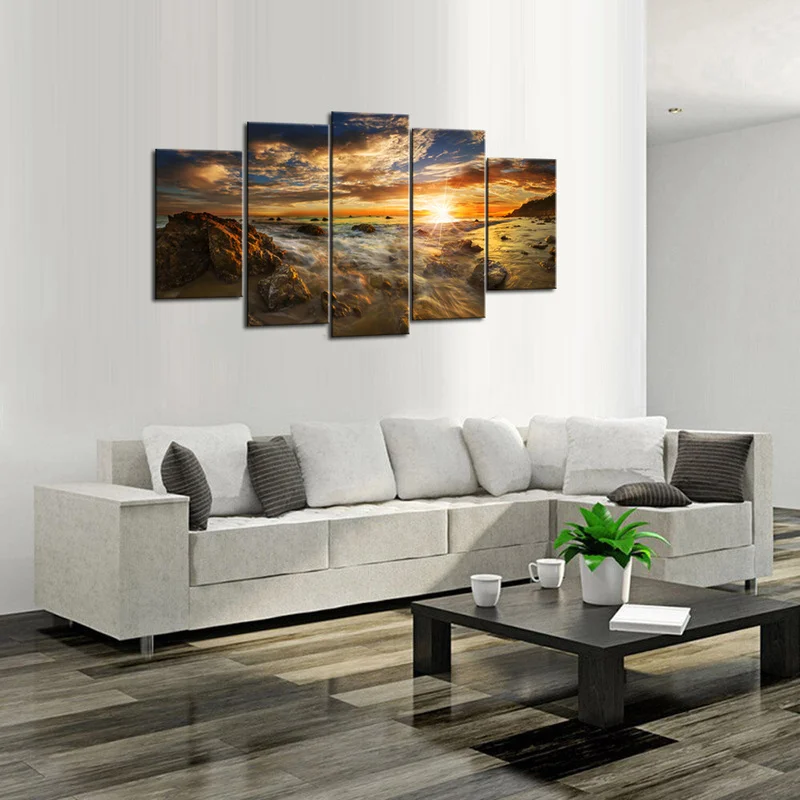 

5 Pieces Canvas Posters and Prints Bedroom Sunset on The Ocean Home Decor Poster Landscape HD Painting for Room Decoration