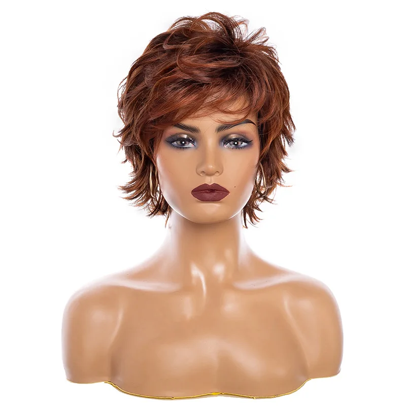 

Ombre Red Brown Synthetic Wigs with Bangs Short Curly Daily Wig For Women Heat Resistant Fibre