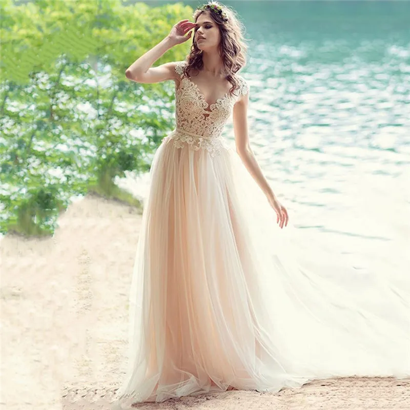 Свадебное платье из прозрачного тюля с кружевной аппликацией ТРАПЕЦИЕВИДНОЕ