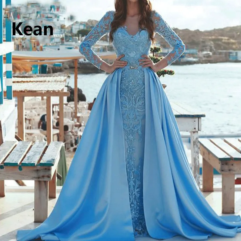 

Blue Detachable Muslim Evening Dress v neck Applique Full Sleeve Illusion Islamic Dubai Kaftan Saudi Arabic Evening Prom Dress