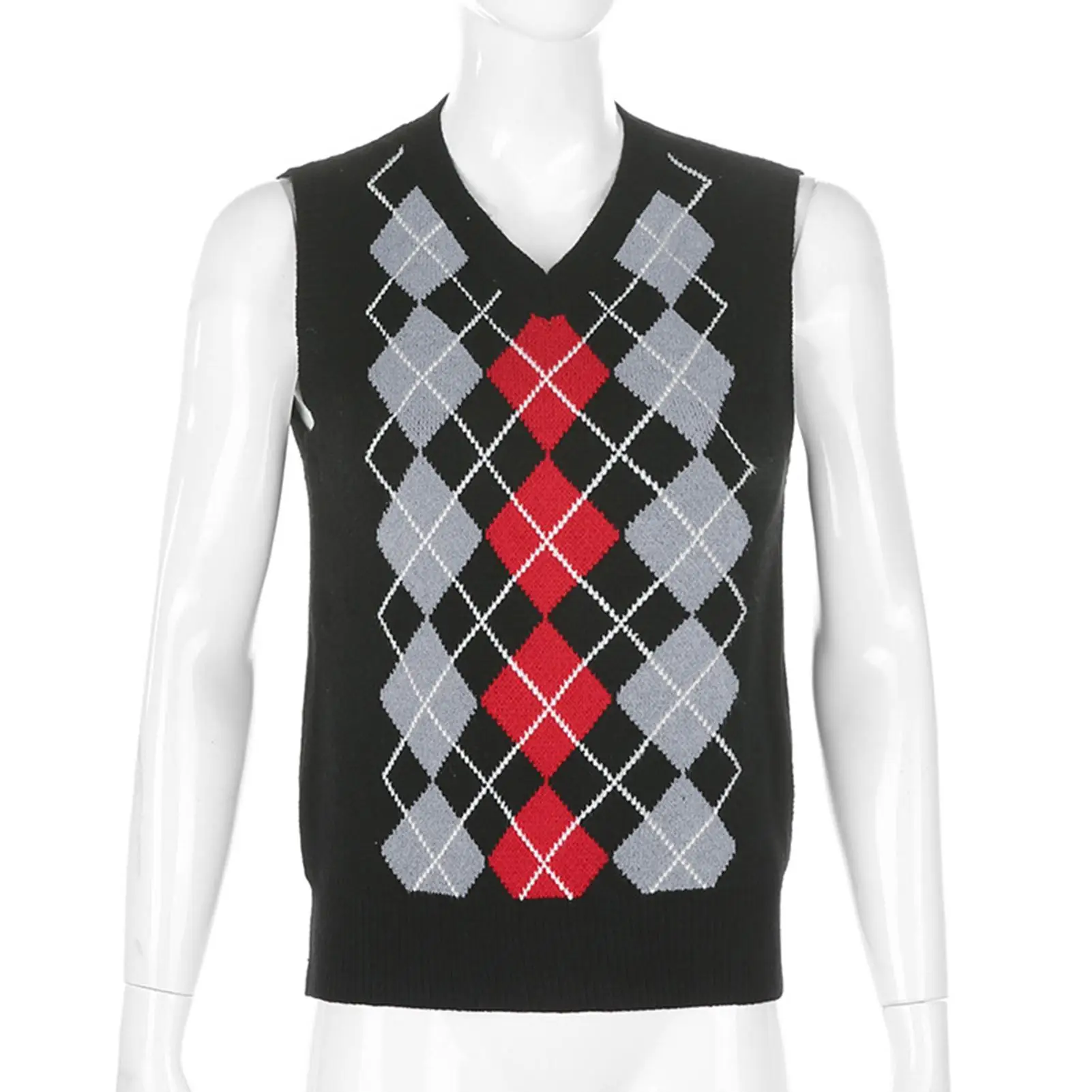 

V Neck Sweater Autumn Korean Pullover Sleeveless Vest Warm Casual Plaid Checkered Sleeveless Soft Crop Top Female Wholesale 2021